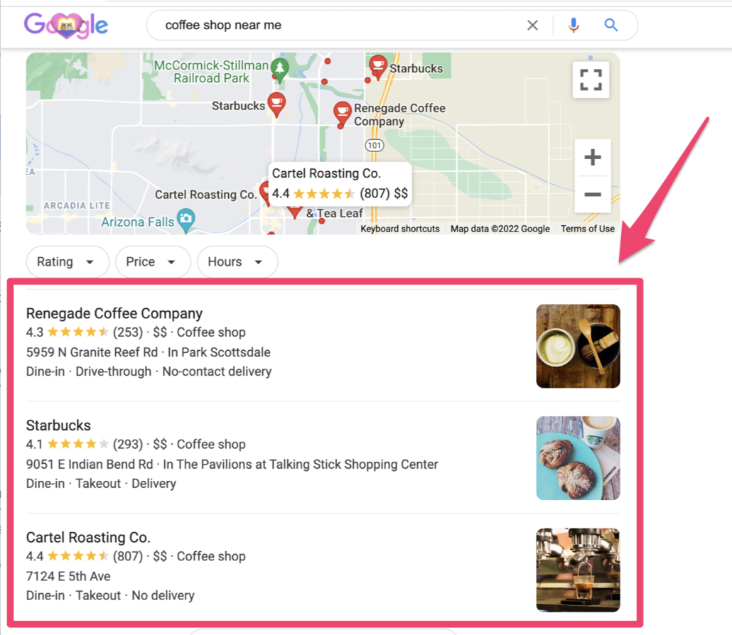 coffee shops near me search result